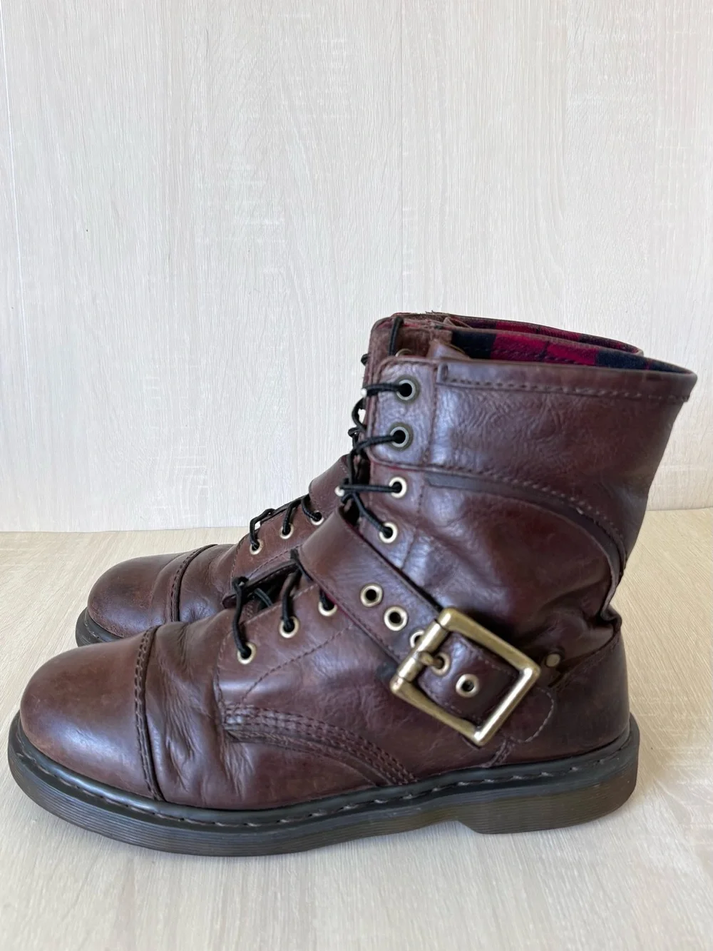 Dr. Martens Brown Leather Buckle Lace-Up Combat Boots Moto Biker Plaid M10/W11